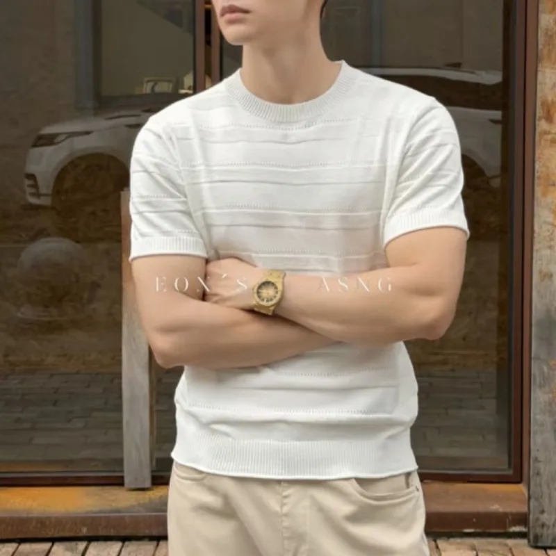 Silk Wool Blend Knitted Short Sleeved T-shirt for Men Versatile Casual Business T-shirts Round Neck Social Office Base Shirt