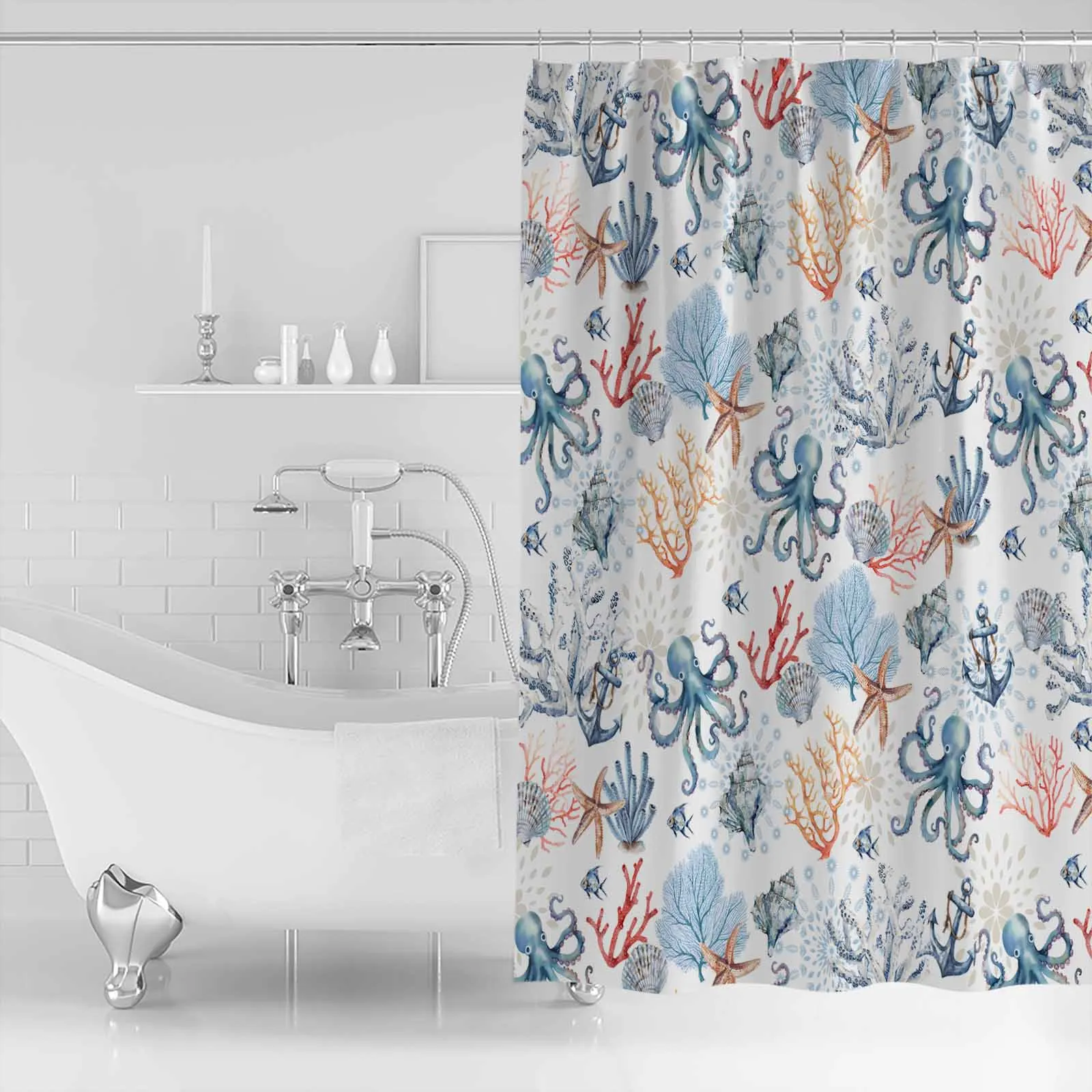 Marine Coral Shells Starfish Conch Octopus Shower Curtains Waterproof Bath Curtains Home Decor Modern Luxury Bathroom Curtain