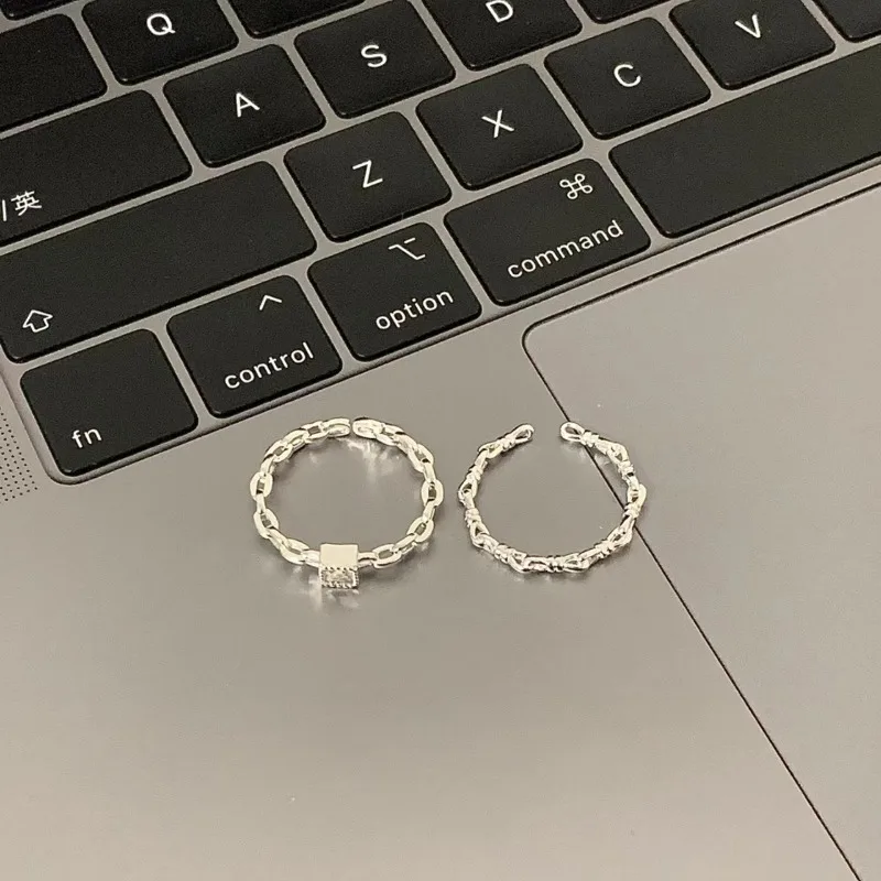 Minimalist Trendy 925 Sterling Silver Opening Adjustable Square Zircon Chain Ring for Woman Jewelry Accessories Gifts Colorfast
