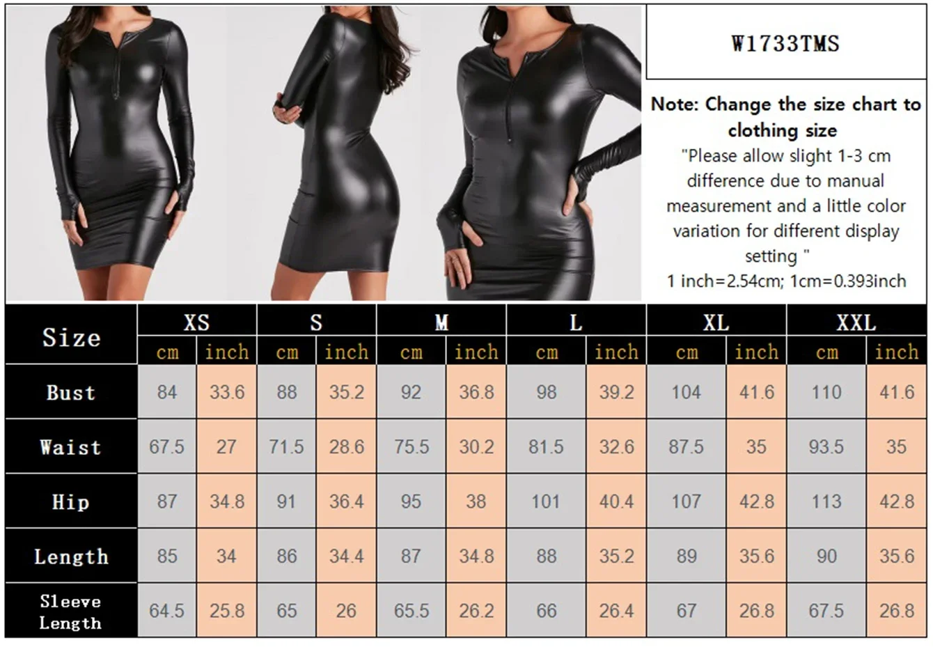 Plus-Size Damen Kunstleder-Kleid mit Reißverschluss vorne, langen Ärmeln, figurbetontem Schnitt, Mini-Kleid, schmal geschnitten, für Abendveranstaltungen, Partys, Clubwear, sexy, enganliegend, aus dehnbarem PU!! – Detail 1