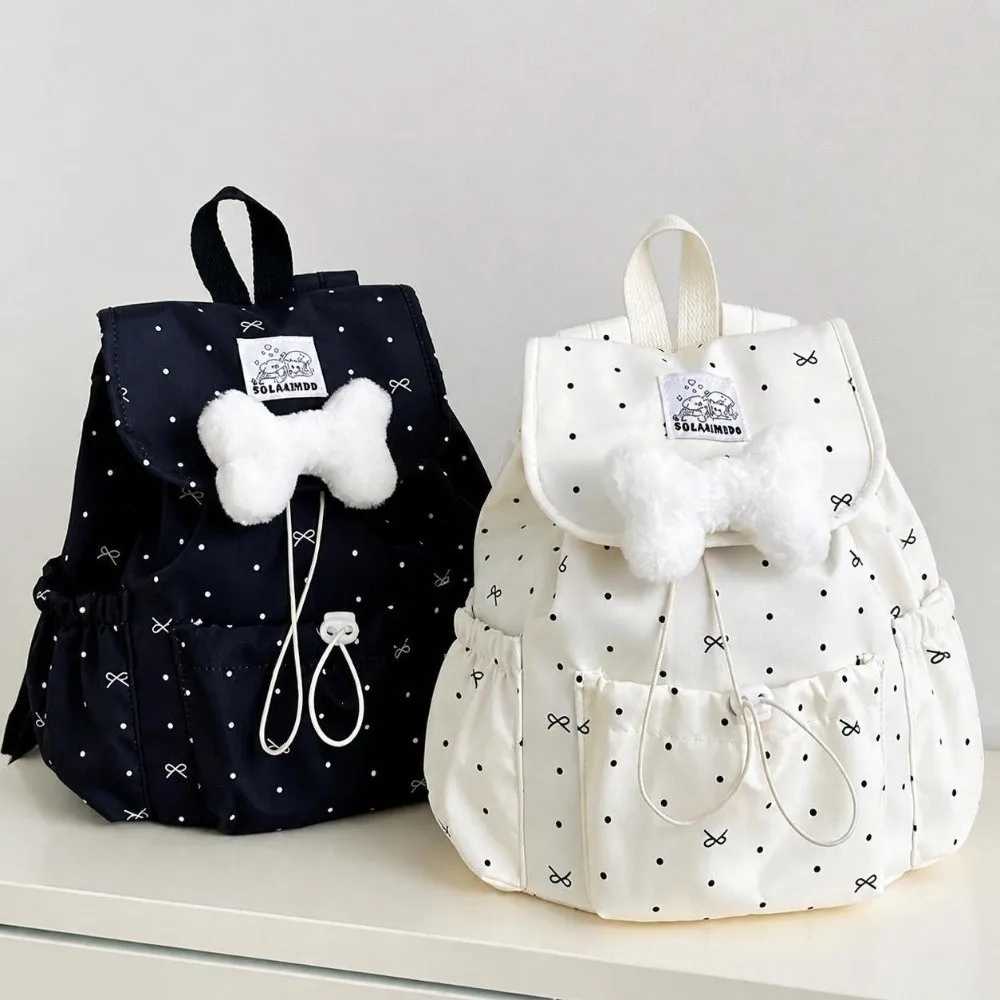 Sweet Drawstring Polka Dot Backpack Bowknot Large Capacity Double Shoulder Bag Ultra Light Nylon Commuting Backpack Women
