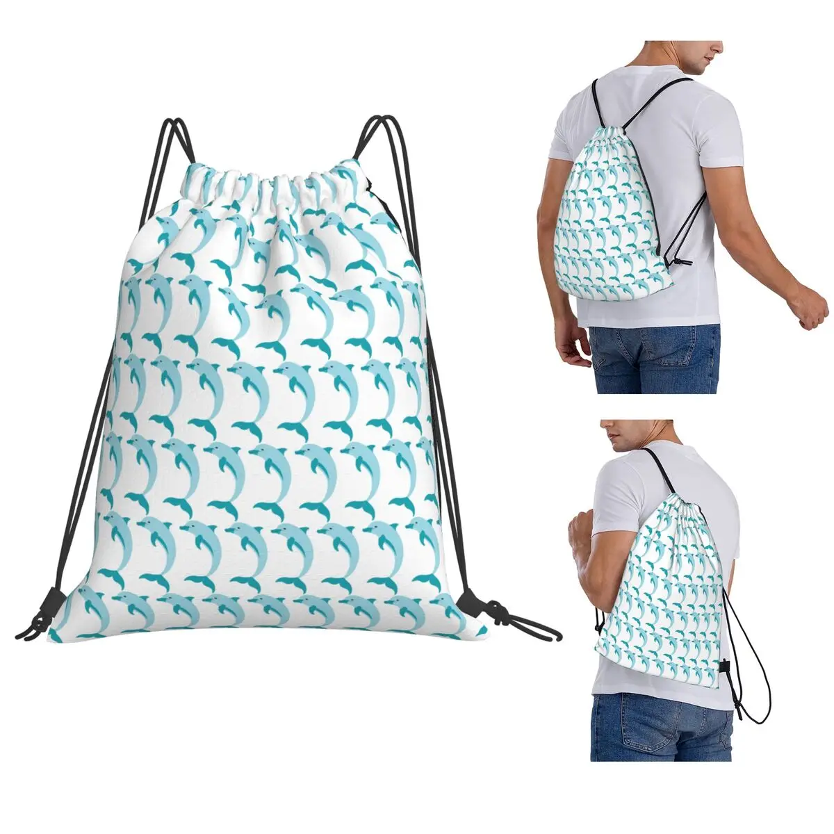 Playful Dolphin Ocean Life Art Backpacks Portable Drawstring Bags Sports Bag Book Bags for Man Woman Students