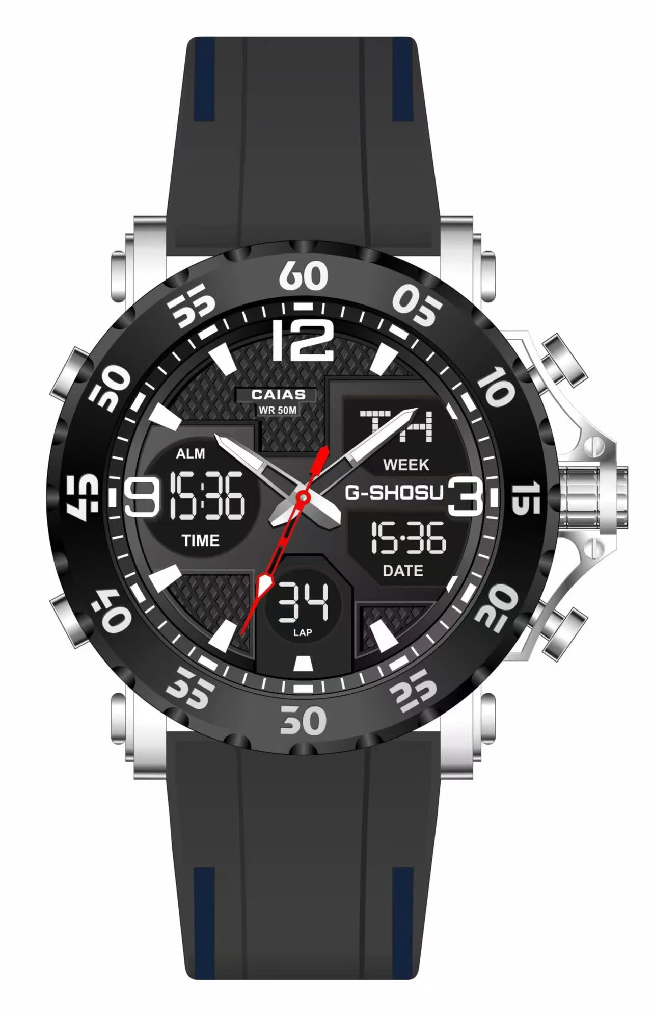 CAIAS Unisex Sports Watch: World Time, Large Dial, LED Display, Rubber Strap, Oak Series
