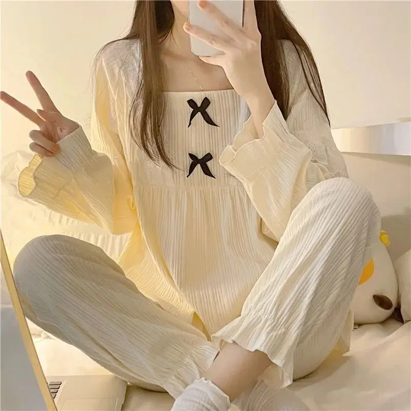 New Women's Long Sleeve Long Pants Homewear Girls Striped Two-Piece Pajamas Teen Solid Color Casual Pajamas Soft Adult Homewear