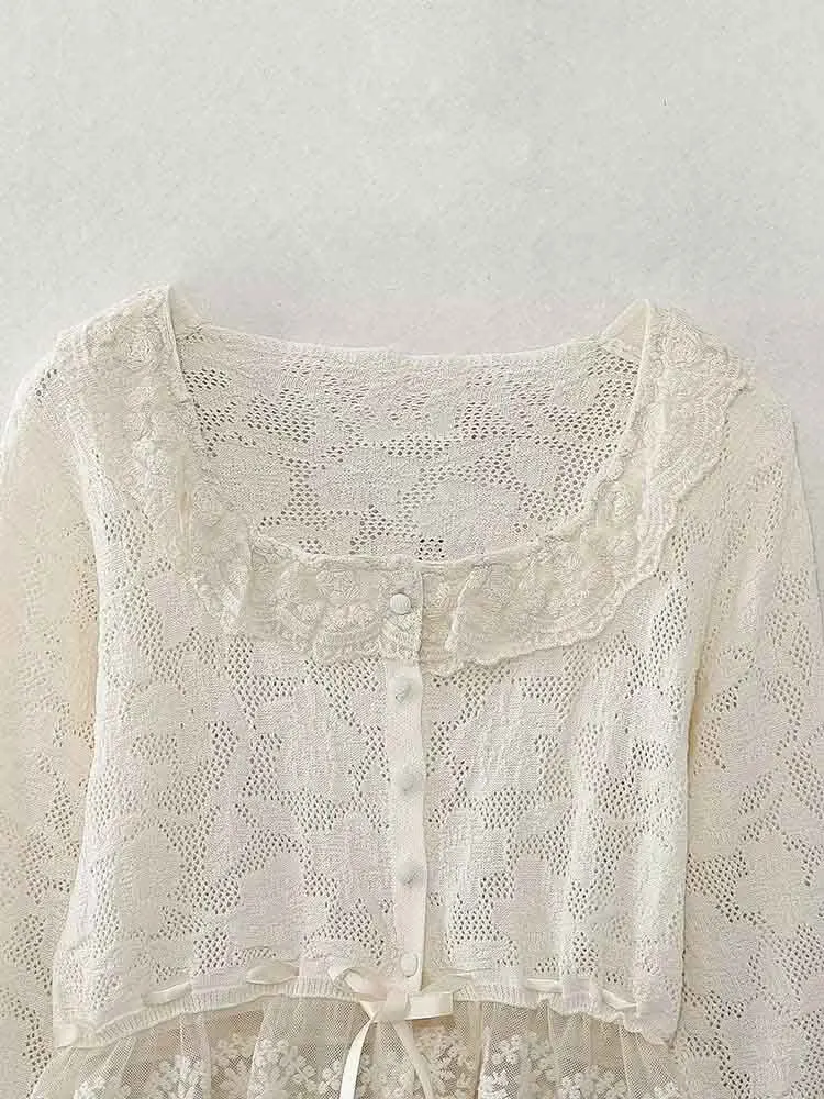 Europejski styl nowa moda damska wszechstronna prosta temperamentna koronkowa dekoracja dzianinowy top z kwadratowym kołnierzem