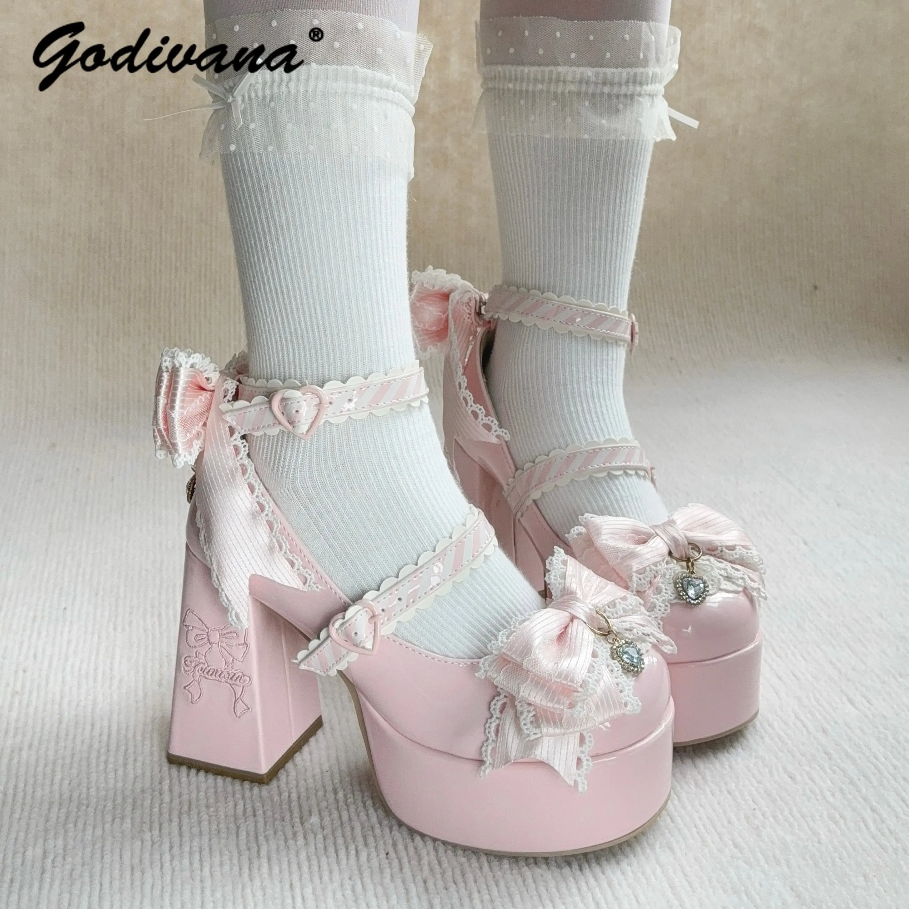 Original Lolita High Heels Neue Frühlings-Damenschuhe Elegante Spitze Schleife Süße Absatzpumps Damen Mary Janes Schuhe