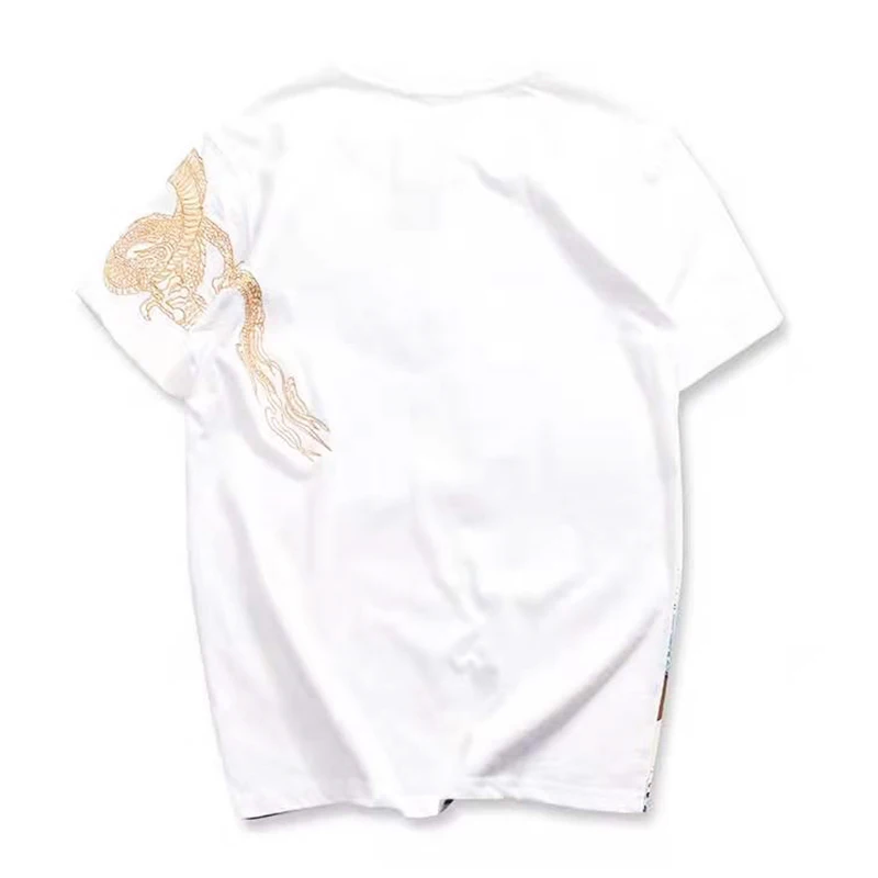 Lyprerazy Japanese Harajuku Ukiyoe Vintage Embroidered T-Shirt Chinese Style Tattoo Golden Dragon Embroidery T Shirt