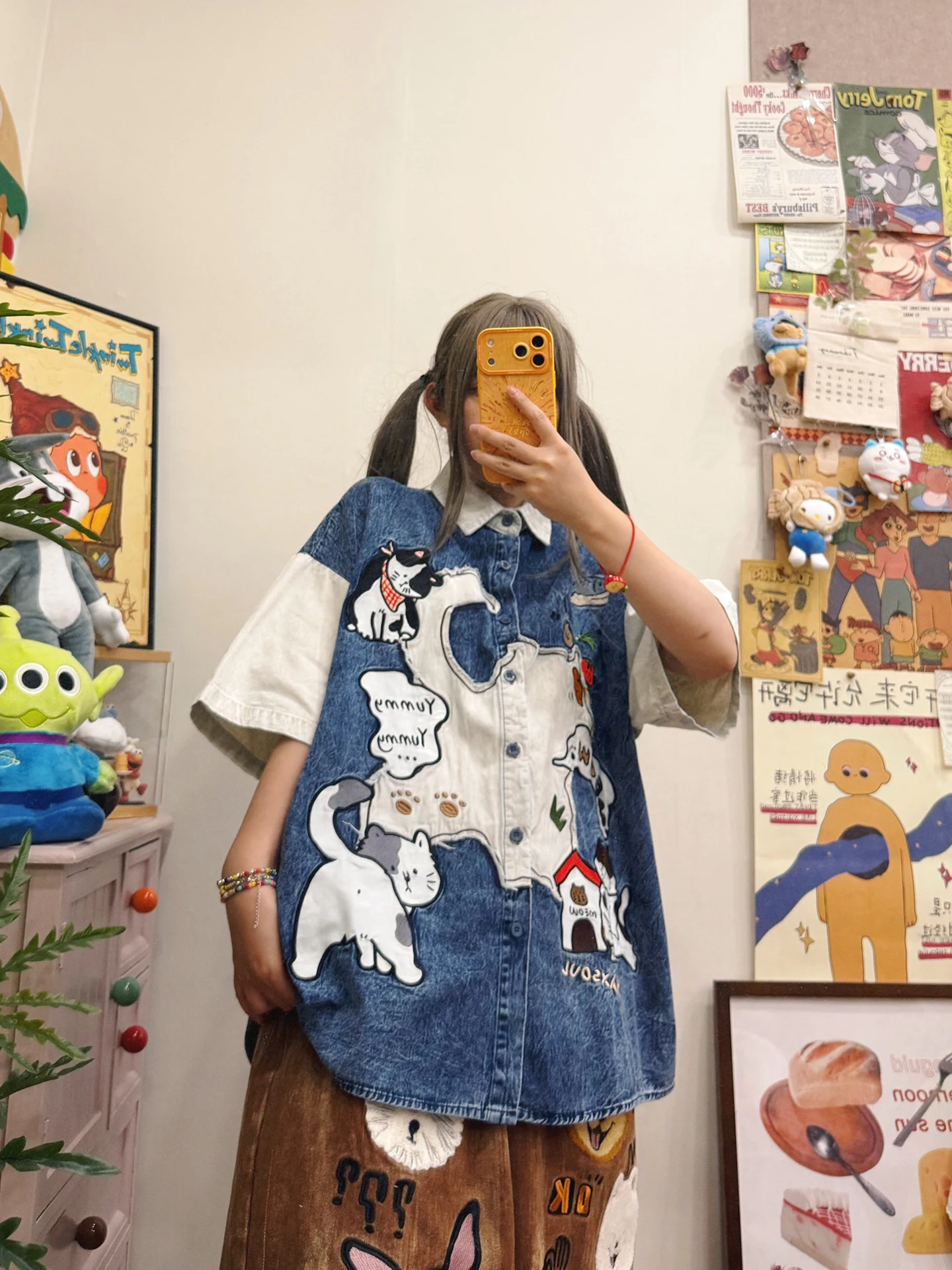 

BIBULU Original Design Embroidery Patchwork Short Sleeve Denim Shirt Casual Loose Fit Summer New Women's Fashion