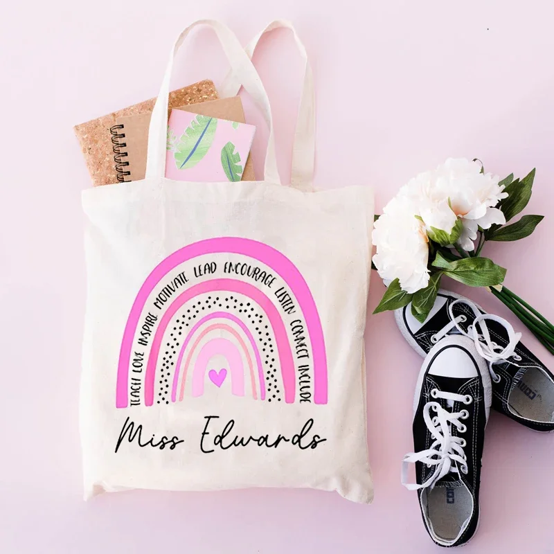 Eco Harajuku Aesthetic School Bags Teacher Gift Personalised Rainbow Teacher Shoulder Bag Custom Name Women Canvas Shopping Bag