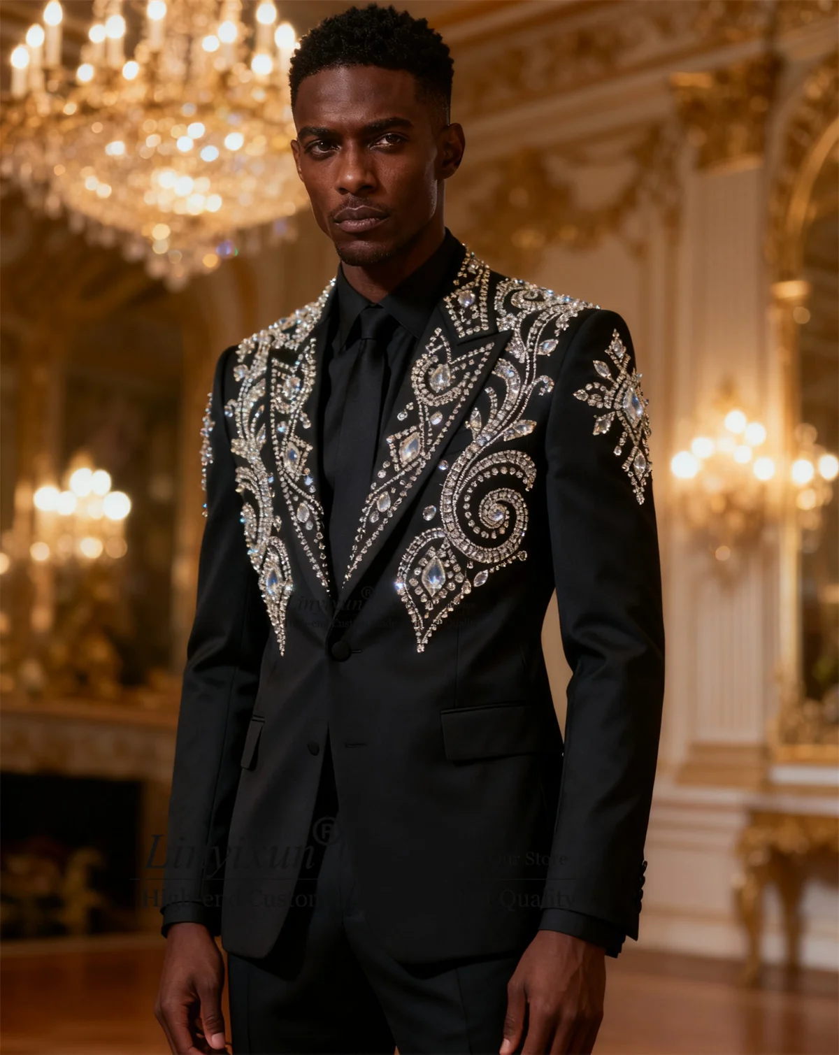 

High End Diamond Crystals Men Suits 2 Pieces Sets Wedding Party Tuxedo Customized Groom Slim Fit Peaked Lapel Blazer Ropa Hombre