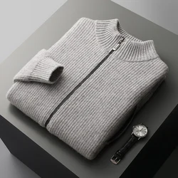 Autunno e inverno nuovo mezzo collo alto cerniera 100% pura lana cardigan imbottito da uomo per il tempo libero lavorato a maglia cashmere fondo cedro.