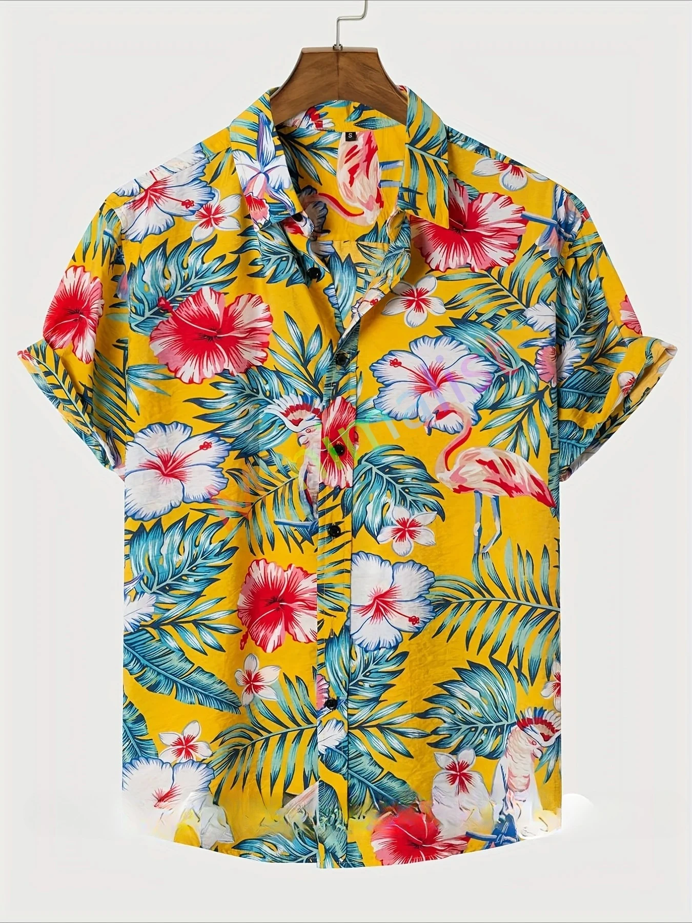 Koszula męska z nadrukiem liści i flamingów na rok 2025, hawajska koszula, codzienna koszula plażowa z krótkim rękawem, modne topy, męska bluzka, odzież letnia.