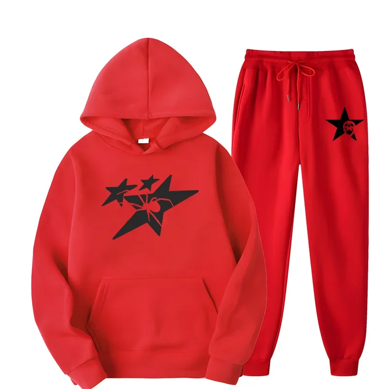 Spider Star Pattern Hoodie Sets Men Women 2024 Spring Autumn New Design High Street Hip Hop Style Oversized Hooded+Pants Sets