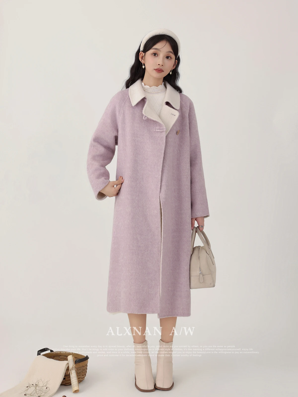 

ALXNAN Women's Sweet Purple Woolen Coat Languid Double-sided Wool Lapel Collar Raglan Sleeve 2024 Winter Long Outerwear LXN32283