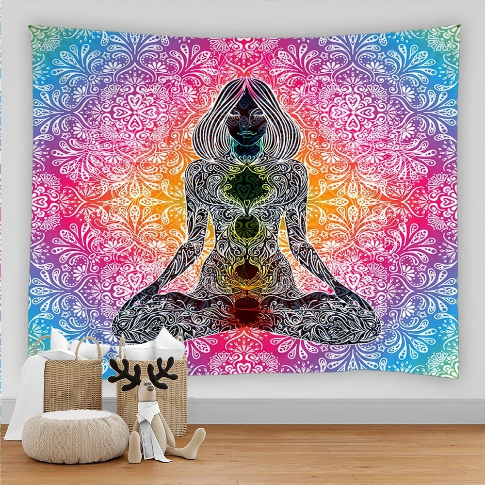 Buddha Statue Meditation 7 Chakra Yoga Tapestry Wall Hanging Mandala Tapestries Wall Cloth Psychedelic Carpet Boho Decor Indian