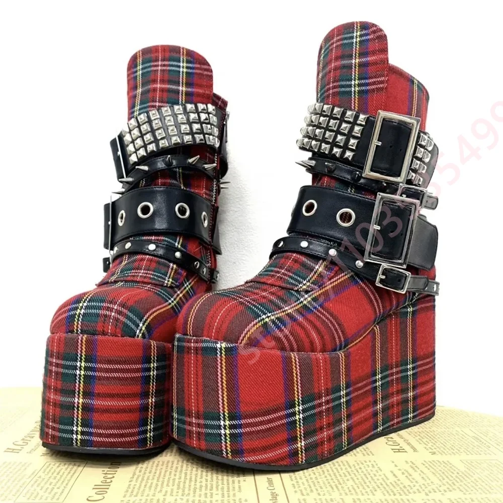 Women Red Plaid Wedge Platform Ankle Boots Multi‑Buckle Stud Spike Decor Side Zipper Punk Gothic Rock Cosplay Party Fashion Boot view 3