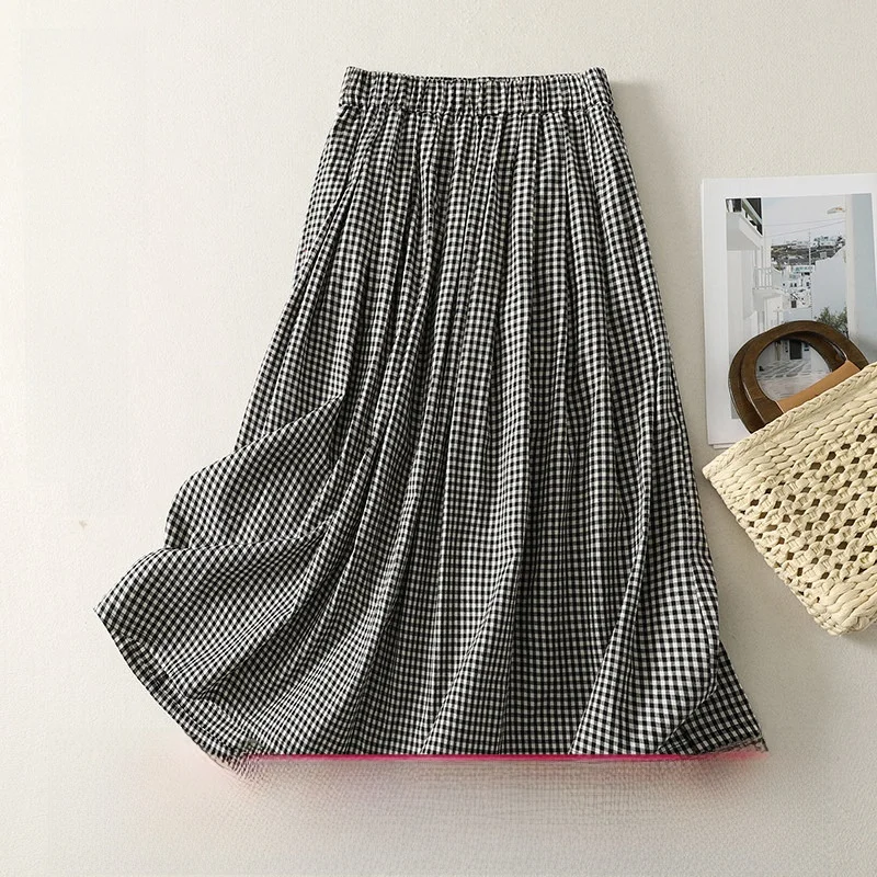 

Черно-белая клетчатая юбка А-силуэта с эластичным поясом, повседневная женская юбка миди, универсальный крой, удобная, из смесового полиэстера и хлопка