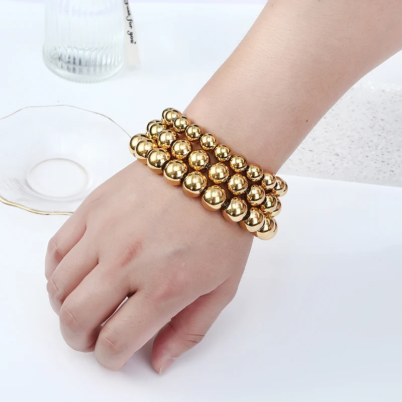 Fashion Classic Quality Stainless Steel Waterproof Metal Jewelry Men's Locomotive Sports Gold Smooth Round Beaded Bracelets Gift