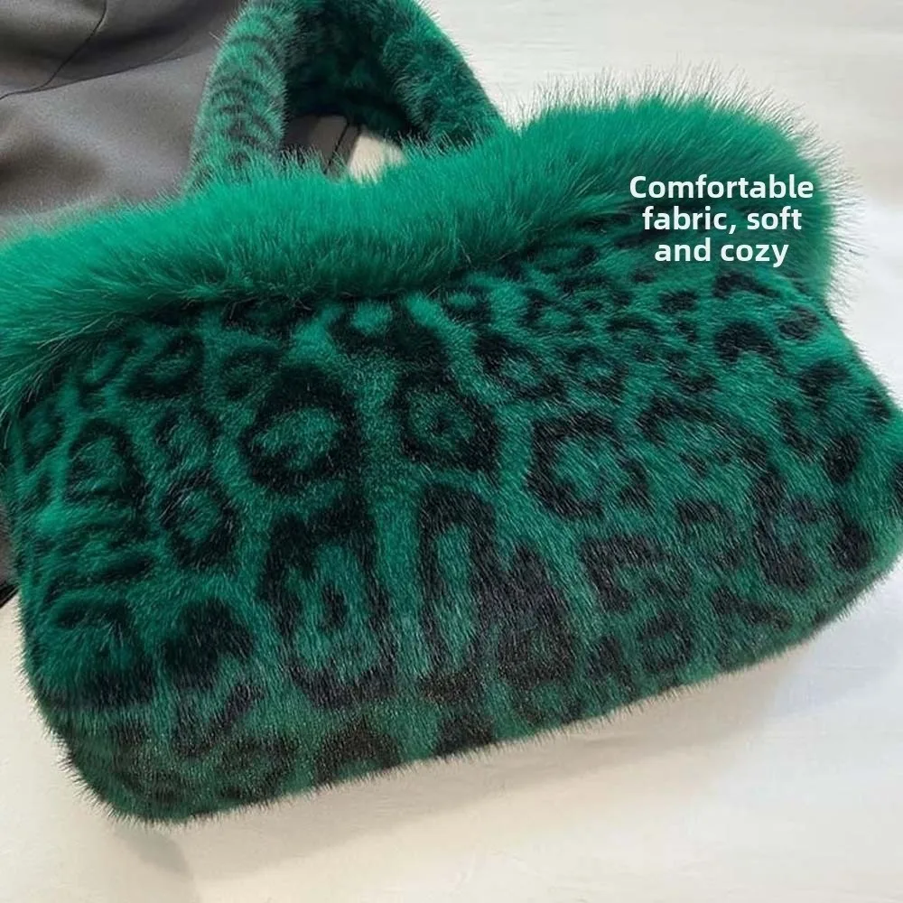 Fur Purse Large Capacity Leopard Handbag Soft Faux Top Handle Winter Shoulder Bag Animal Print Thick Texture Tote Winter Travel
