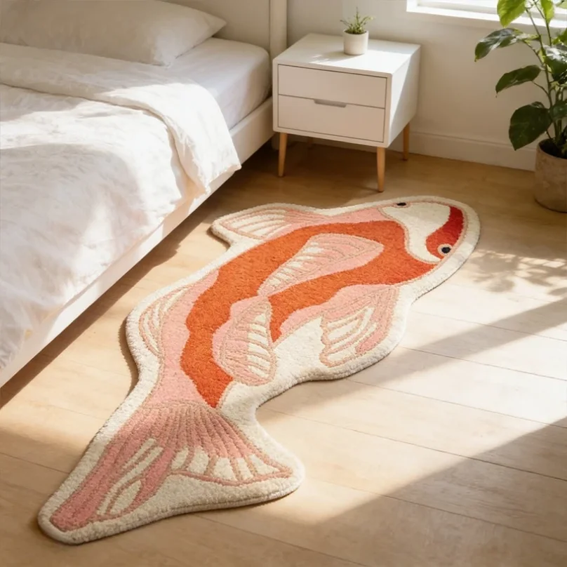 Koi Shape Bedside Carpet Means Auspicious Living Room, Bedroom, Cloakroom, Non-Slip Mat Home Decoration