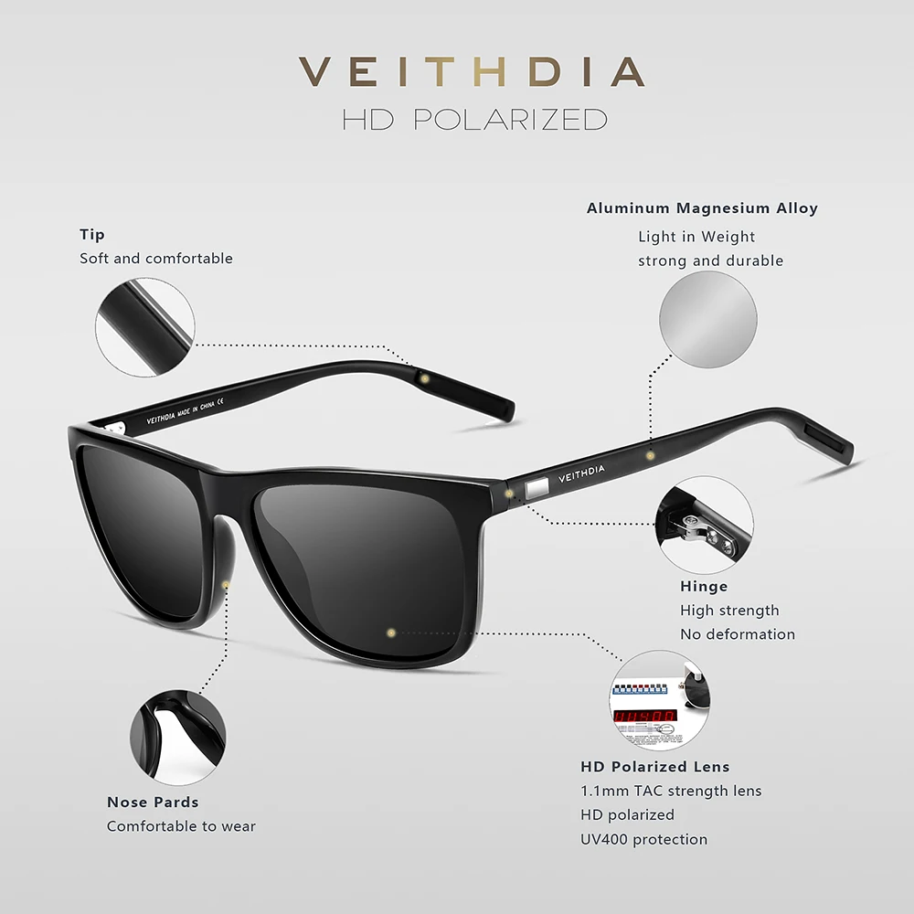 VEITHDIA Sunglasses Pilot Men Brand Driving Fashion Polarized UV400 Lens Unisex Vintage Eyewear Male Glasses For Women VT6108