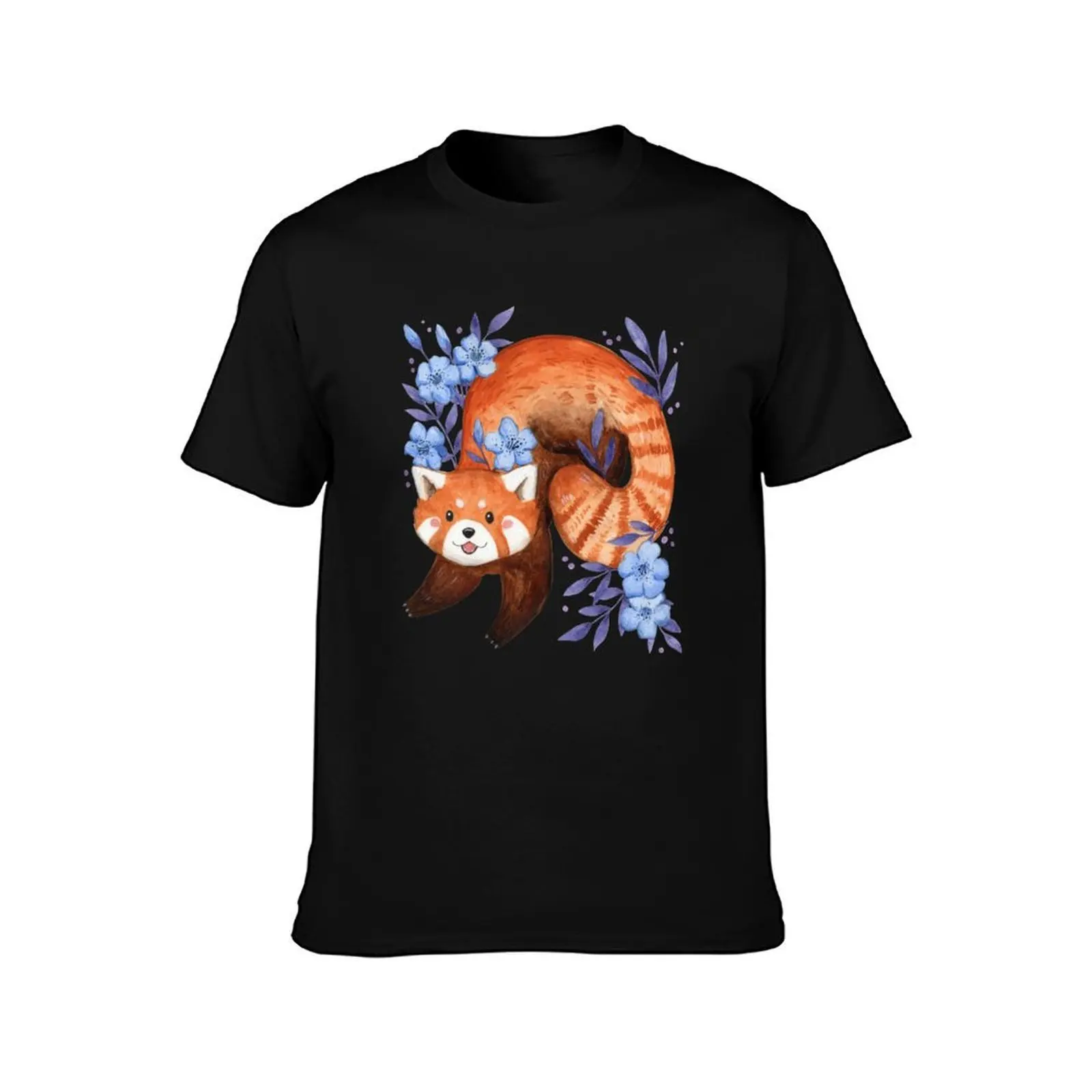 Red panda & floral blue T-Shirt, Summer Casual Cotton Tee, Oversized Streetwear Tops, Vintage Graphic Print, Unisex Men Women