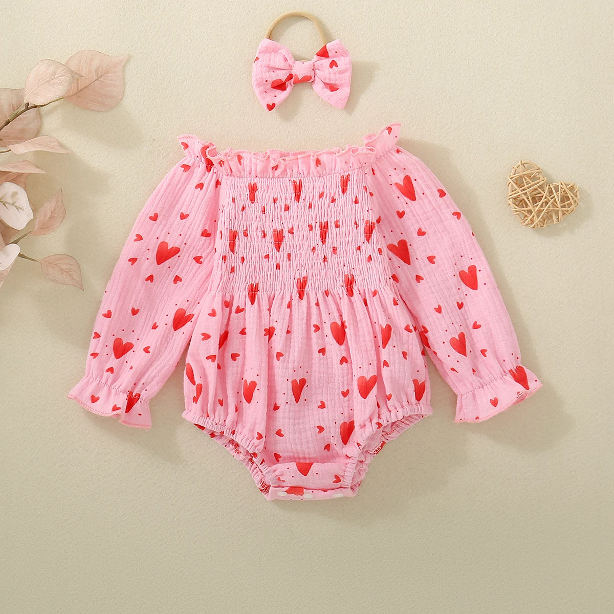Spring and Autumn Season Pink Heart Embroidered Long-Sleeved Bodysuit for Baby Girls and Toddlers - Sweet and Adorable