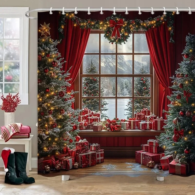 VIKAMA Christmas Window View Shower Curtain Xmas Tree Gift Box Print, Waterproof Fabric Bathroom Curtain Holiday Decor