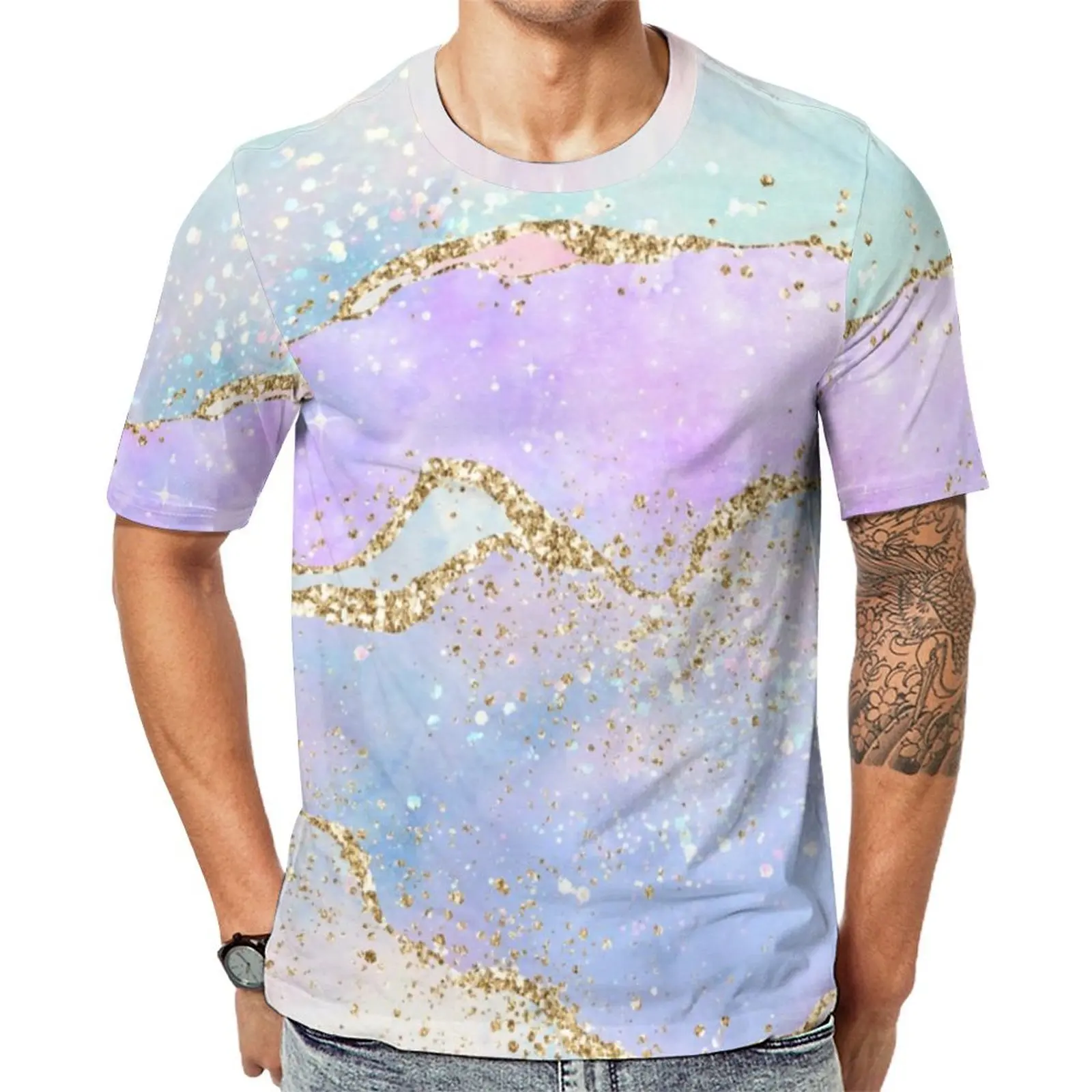 Plus Size T Shirt Premium Elegant Ombre T Shirts Gold Glitter Print Y2K Casual O Neck Tee Shirt Male Hip Hop Graphic Clothing