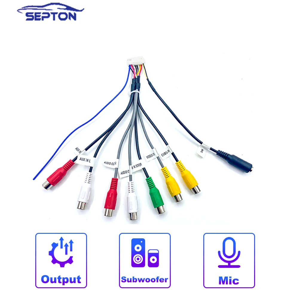 SEPTON-arnés de cables de salida, línea de interfaz de micrófono, adaptador de Cable RCA Universal de 3,5mm, Conector de cableado de 20 pines para Radio de coche Android