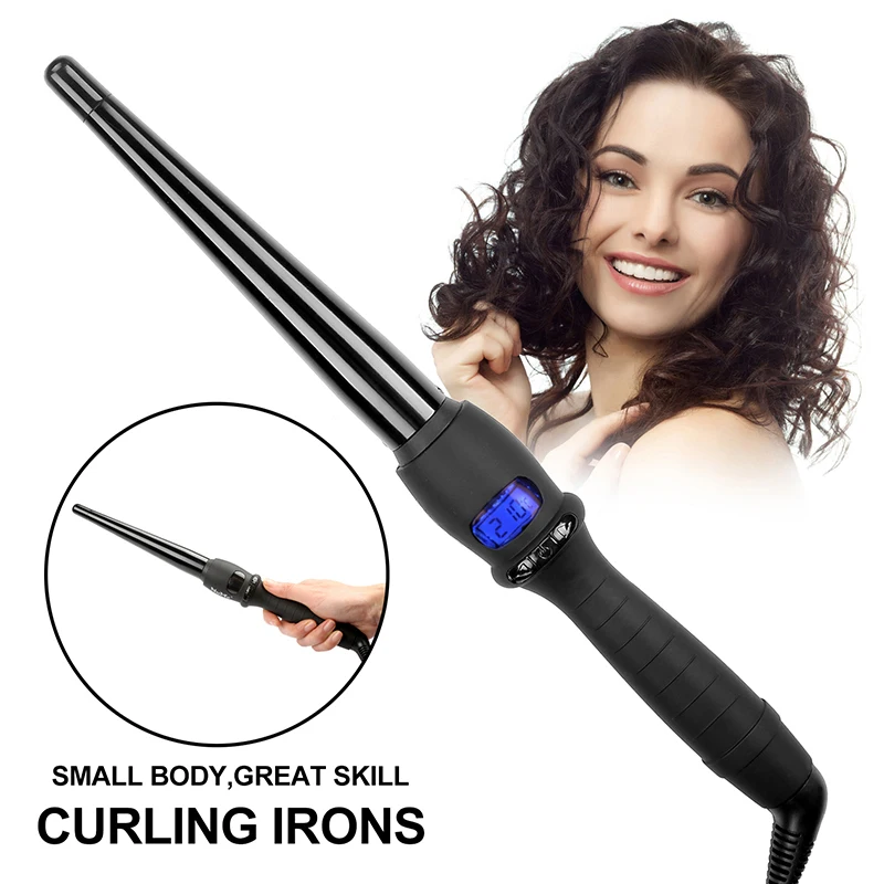Home-Use Professional Ceramic Liquid Crystal Display Electric Conical Hair Curling Rod With Negative Ion Technology For Multi-Temperature Styling. Ceramic Coating. Dual-Purpose For Dry And Wet Use. Suitable For Salons And Home Use.