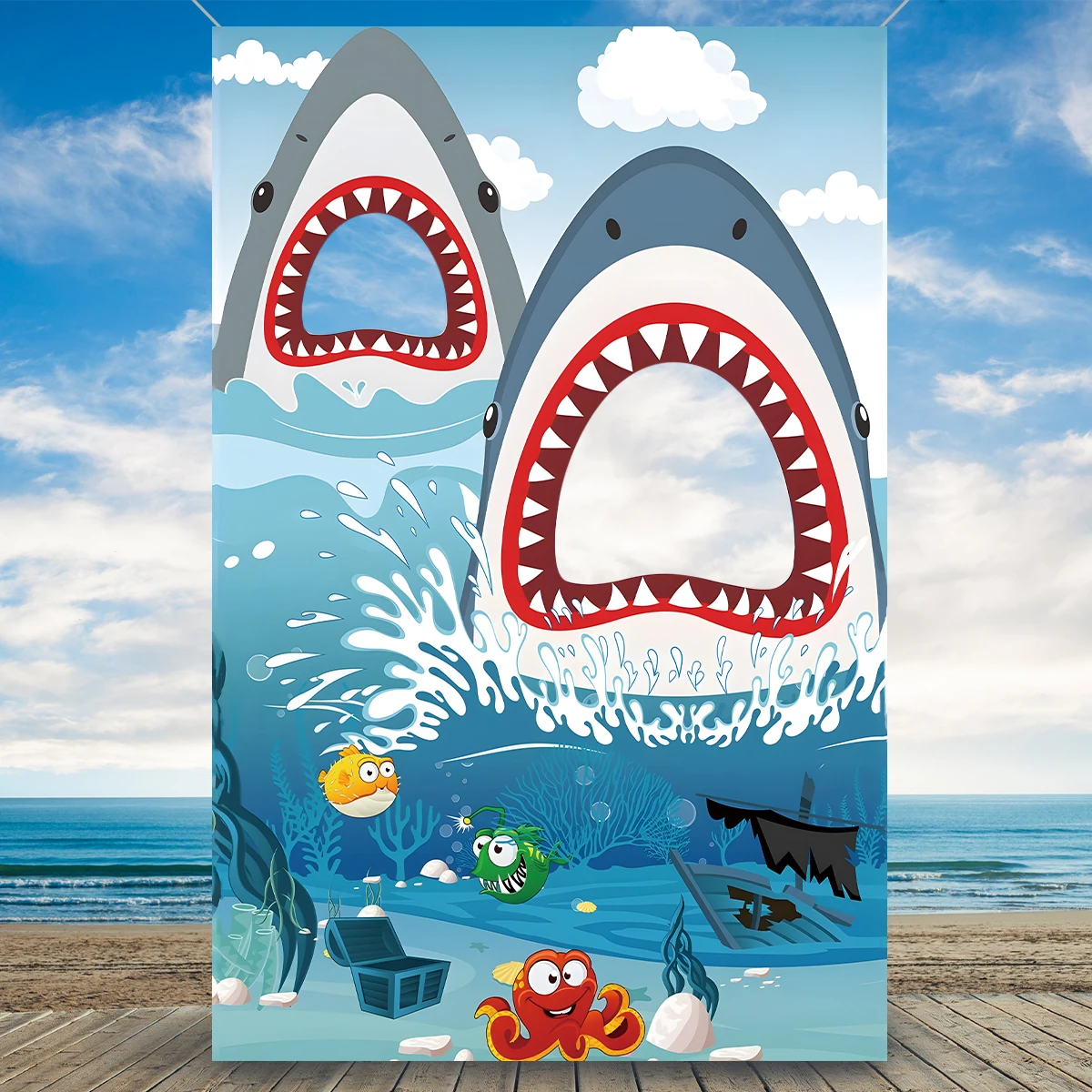 Shark Theme Birthday Party Photography Backdrop Shark Birthday Background Cake Table Boys Girls Birthday Decorations Baby Shower