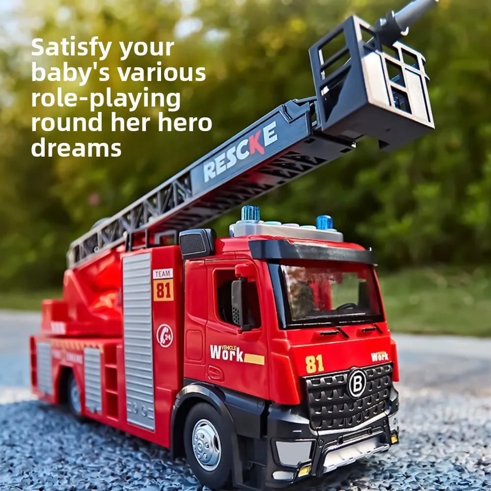 

A Large Fire Ladder Truck Made of Alloy That Can Open Doors. Children's Puzzle Sound and Light Simulation Toy Model Car