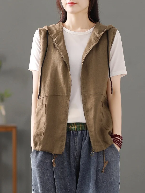 

Casual Hatless Sleeveless Patchwork Linen Cardigan Vest Spring Autumn Season Women's Fashion Versatile Zipper Pure Color Jacket
