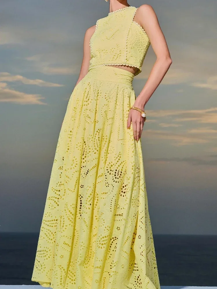 

BluWin Fashion New in Spring Summer New Solid Color Round Neck Sleeveless Long Dress Set INS Leisure Resort Loose Two-piece Set