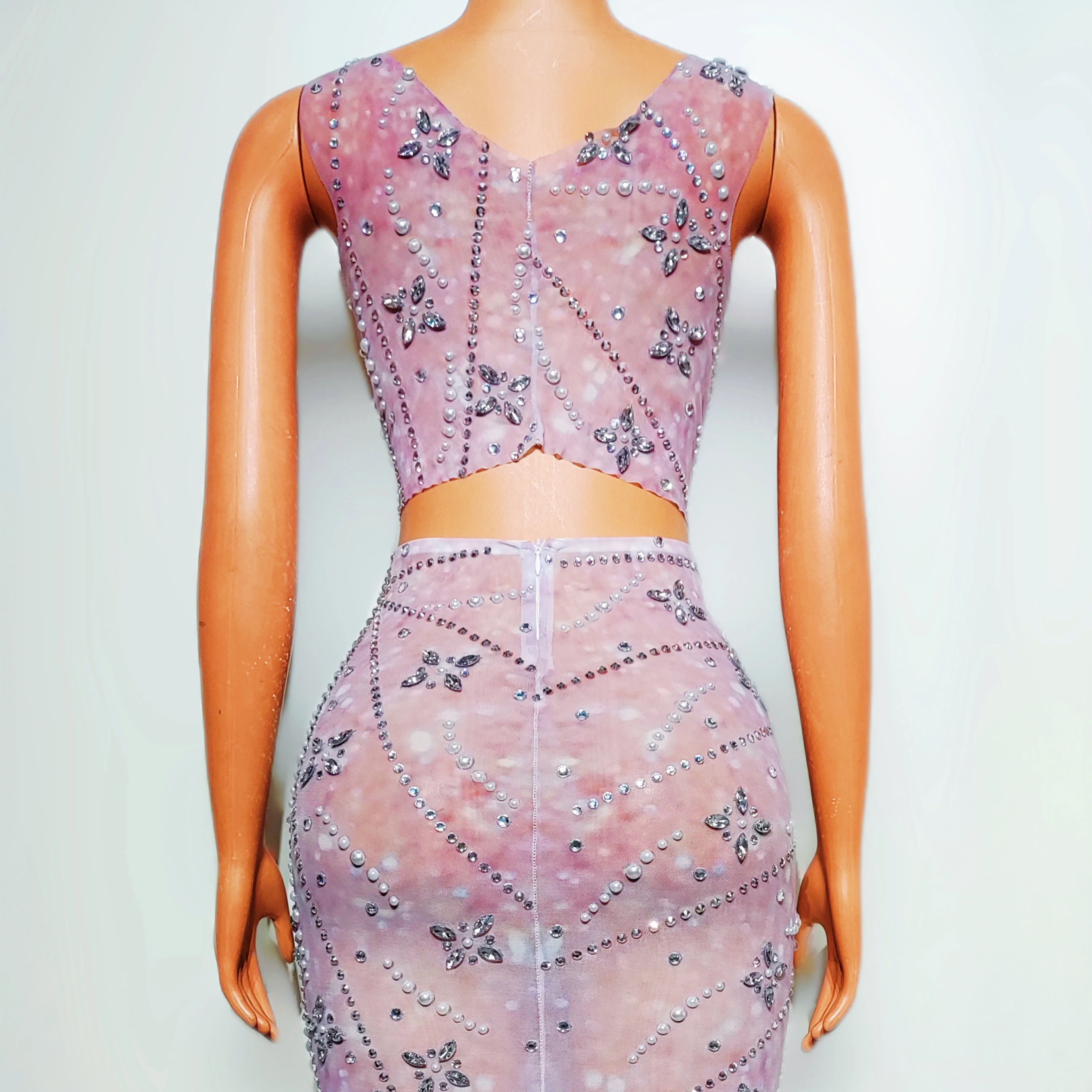 2025 Woman Gogo Dancer Dress Pearl Rhinestone Crop Top Slim Dresses Festival Party Costume Dancehall Queen Outfit Stage Wear yk