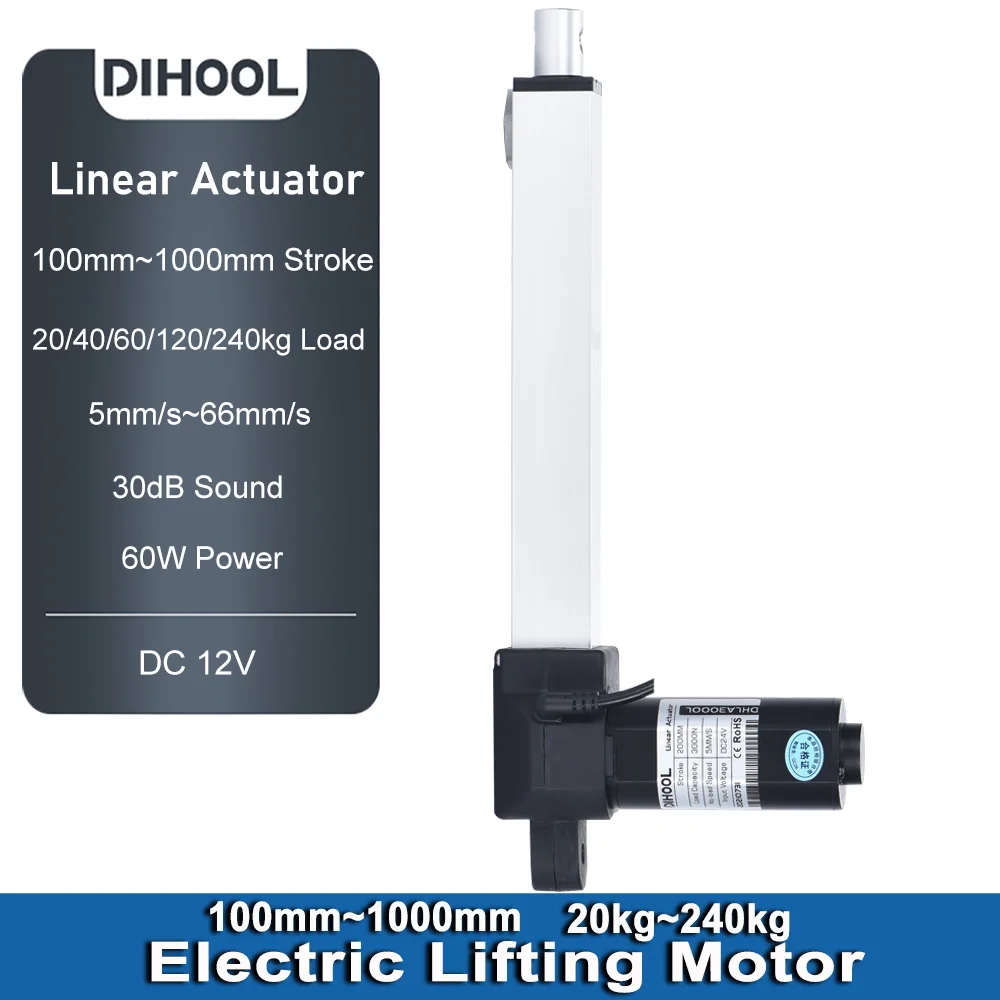 DHLA3000L DC12V Linear Actuator 5mm/s~66mm/s 100mm~1000mm Stroke 20kg/40kg/60kg/120kg/240kg Load  Electric Telescopic Rod Lifter