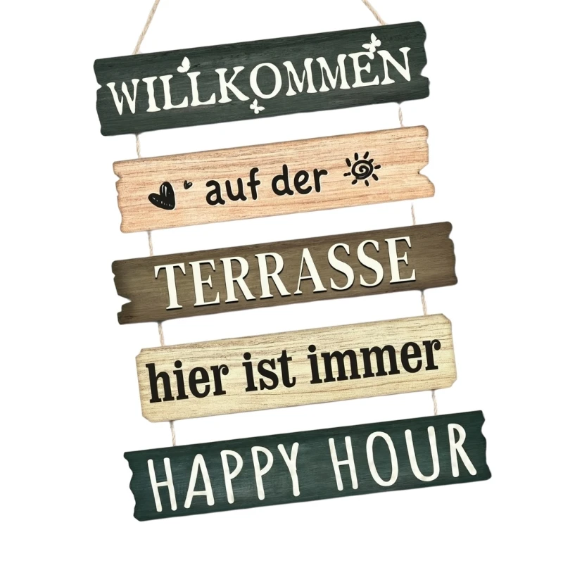 Wooden Patio Welcome Sign Wall Accent with Willkommen Happy Hour Message, Five Board Rope Display for Balcony Porch Home 37JD