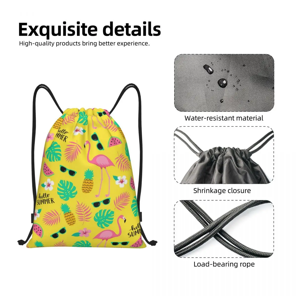 Custom Flamingos And Leaves Drawstring Bag Men Women Lightweight Tropical Pineapple Pattern Sports Gym Storage Backpack