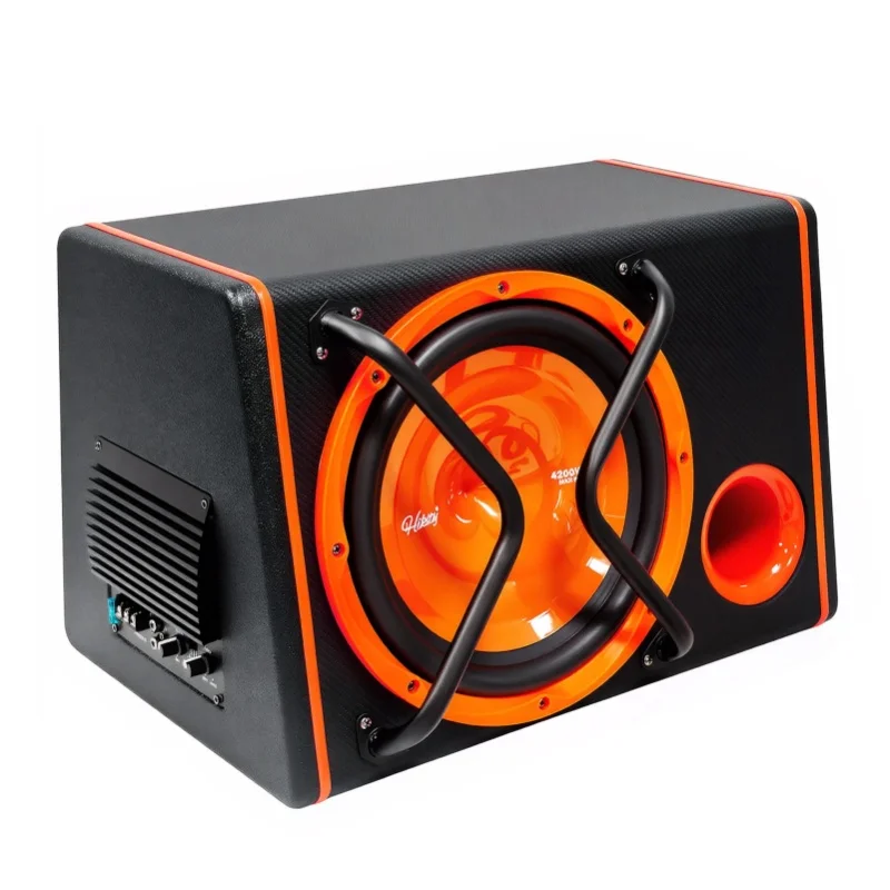 Podofo 1 Set 12 Zoll Trapezförmiges Bandpass-Subwoofer-Gehäuse Aktiver Subwoofer 4200W Auto-Audio-Basslautsprecher mit Audiokabel-Zubehör