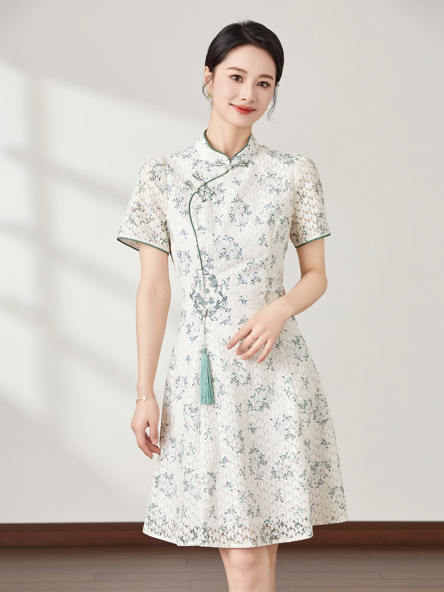 

Ele Young Sle Summer Dr Reformed Middle-Length Chinese Sle Floral Pattern Breathable Polyester Fiber