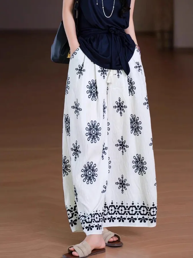 

Bohemian Floral Wide Leg Pants Skirt Women Summer Thin Loose Bf Lazy Style Relaxed Feel Pants Casual Straight Leg High Waist ...