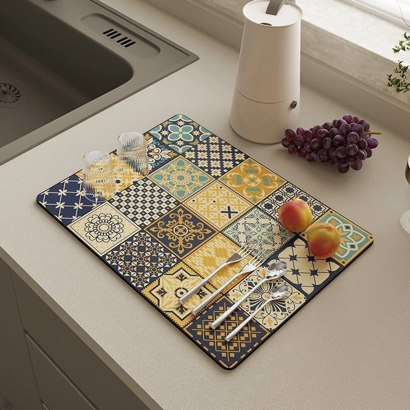 VIKAMA Kitchen Drain Mat Ethnic Geometric Heart Snowflake Print Kitchen Counter Mat Highly Absorbent Fast Drying Anti Skid