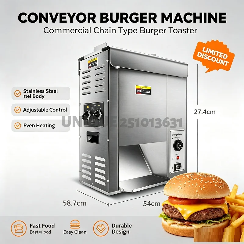 Commercial 110/220V Vertical Conveyor Toaster Electric Grill Hamburger Bun Sandwich Bread Continuous Baking Maker