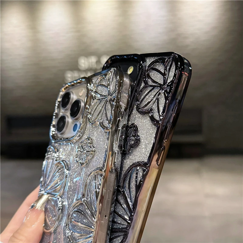 For iPhone 15 Pro Max Luxury Flash Glitter Flowers Plating Frame Phone Case For iPhone 11 12 13 14 15 16 17 Air Protective Cover - náhled 5