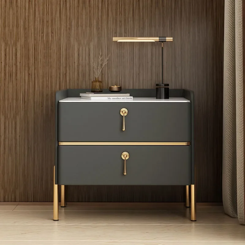 Nordic Solid Wood Nightstand with Marble Top and Leather Soft Bag Storage Modern Bedroom Side Table Cabinet