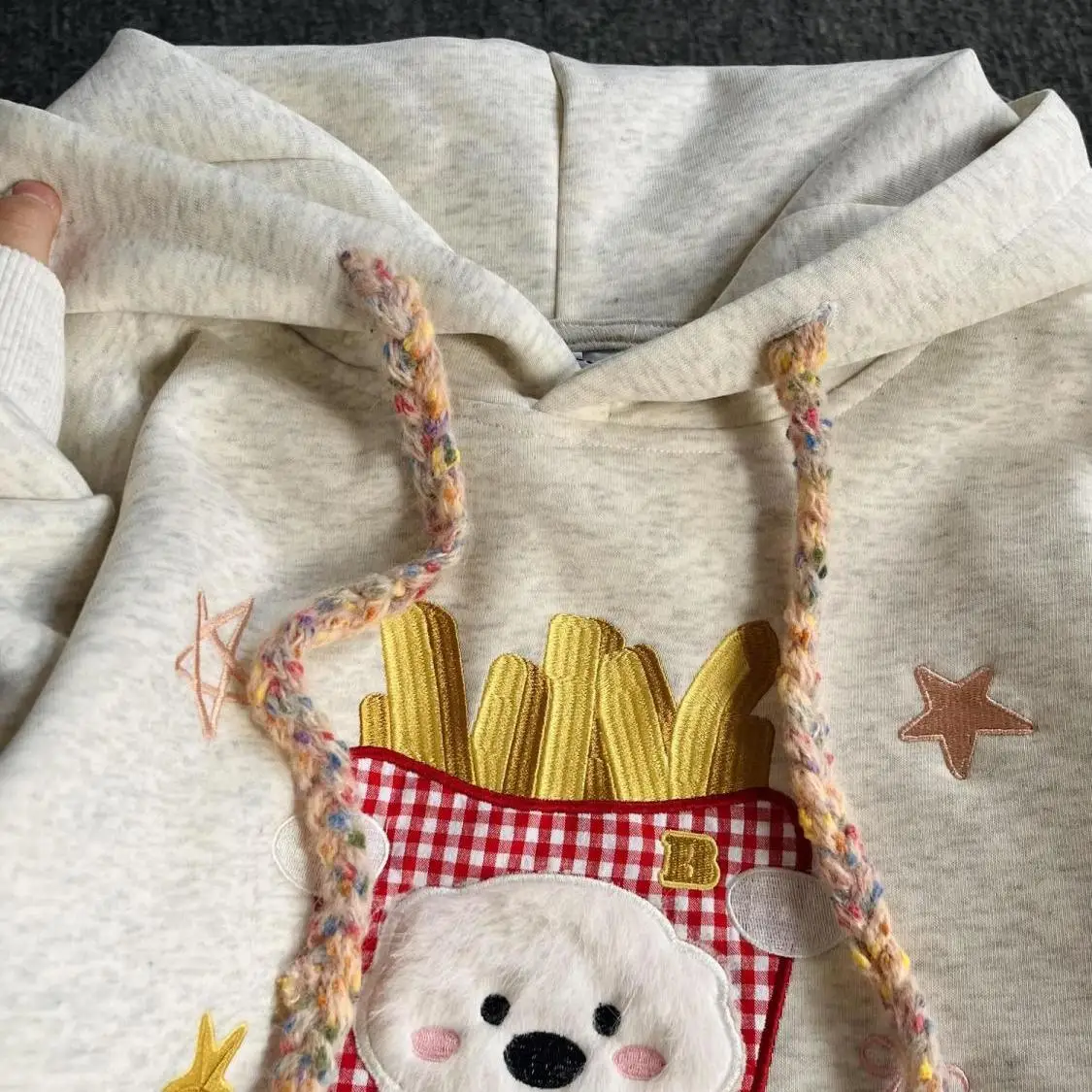 

American retro embroidered French fries dog ears sweater women's autumn and winter loose sweet cool fleece hooded jacket