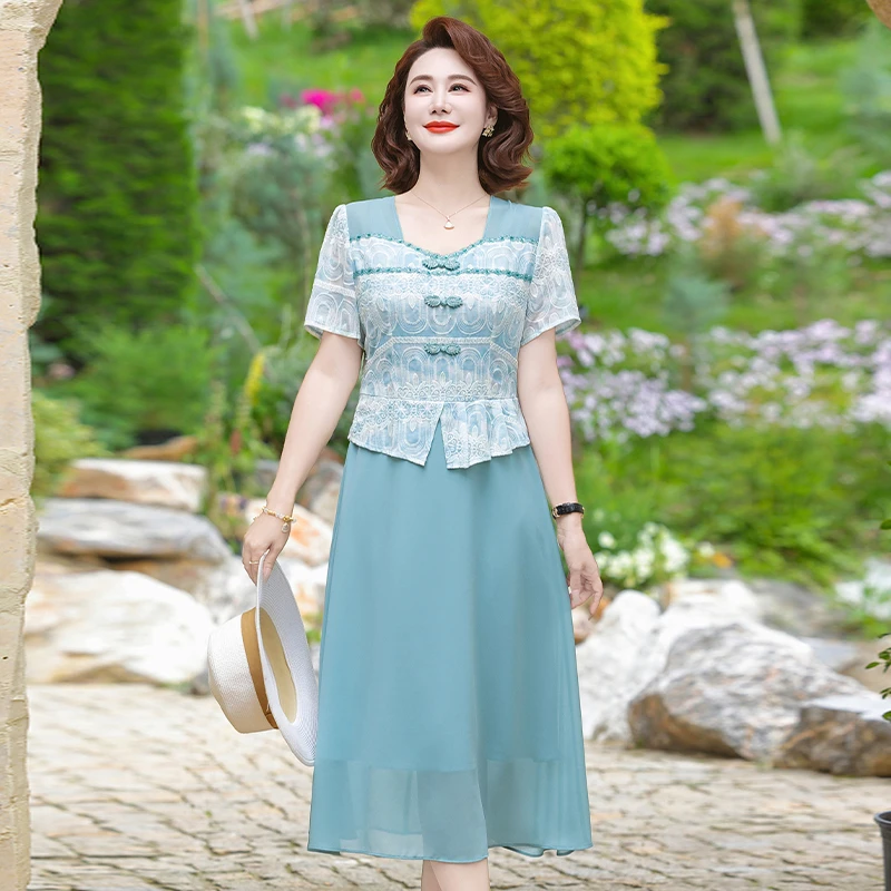 Sommer Täglich Tragen Vestido Mid-länge Chiffon Verbesserte AoDai Chinesischen Stil Floral Gedruckt Patchwork Kleid