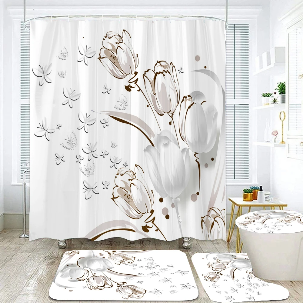 

Simple style White Flowers Shower Curtain Set Non-Slip Rug Toilet Lid Cover Bath Mat Bathroom Decor Waterproof Shower Curtain