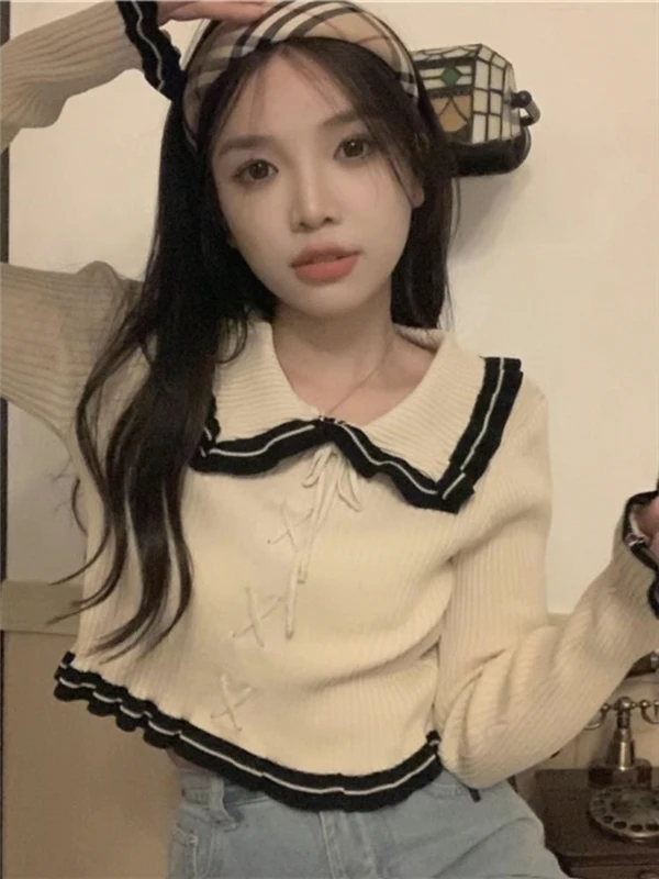 

Women's Knitted Sweater Baby Collar Tie Waist Slim Fit ort Design Wood ain Autumn Winter New Sle Base irt Top